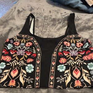 Yoga Democracy Floral Embroidered Black Crop Top